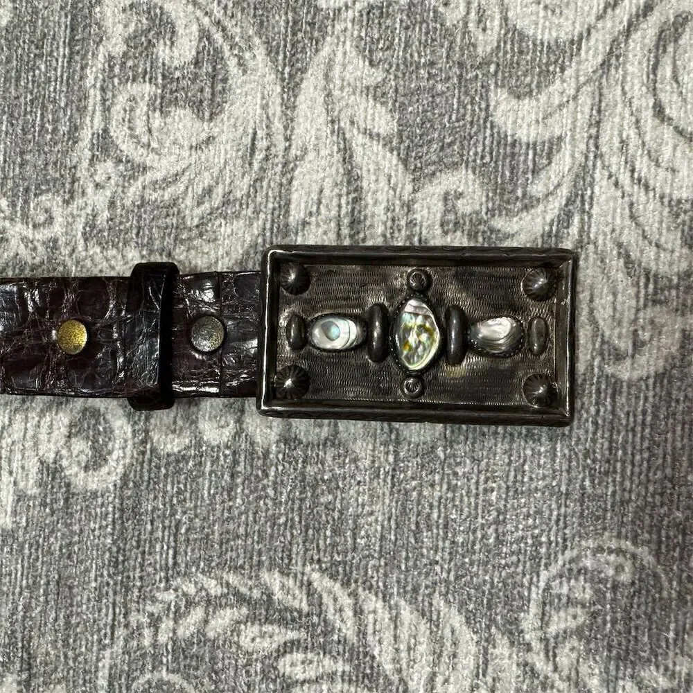Chico's Vintage Embossed Leather Belt Brown Ornate Metal Buckle Unisex